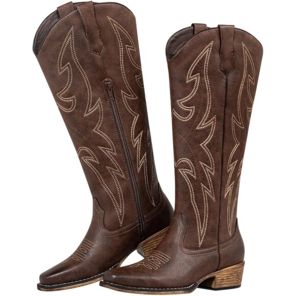 Women's Western Brown Knee High Embroidered Square Toe Cowboy Boots Side Zipper - Picture 1 of 7